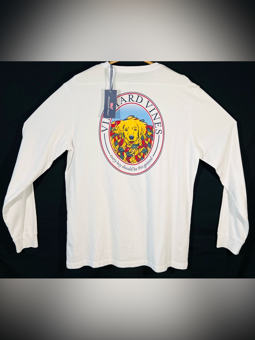 Vineyard Vines Men M Leaf Pile Doggy Long Sleeve Graphic Shirt Golden Retriever